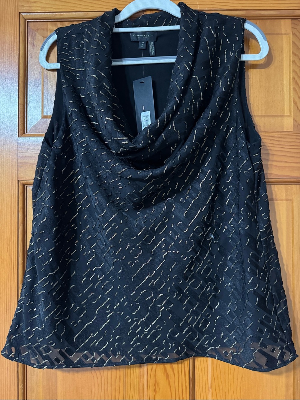Donna Karan Black Sleeveless Cowl Neck Top with Gold Threading